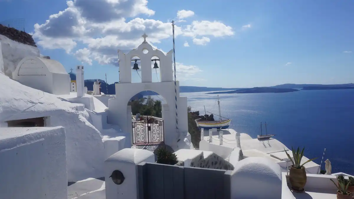 view of Fira from a church in santorini town