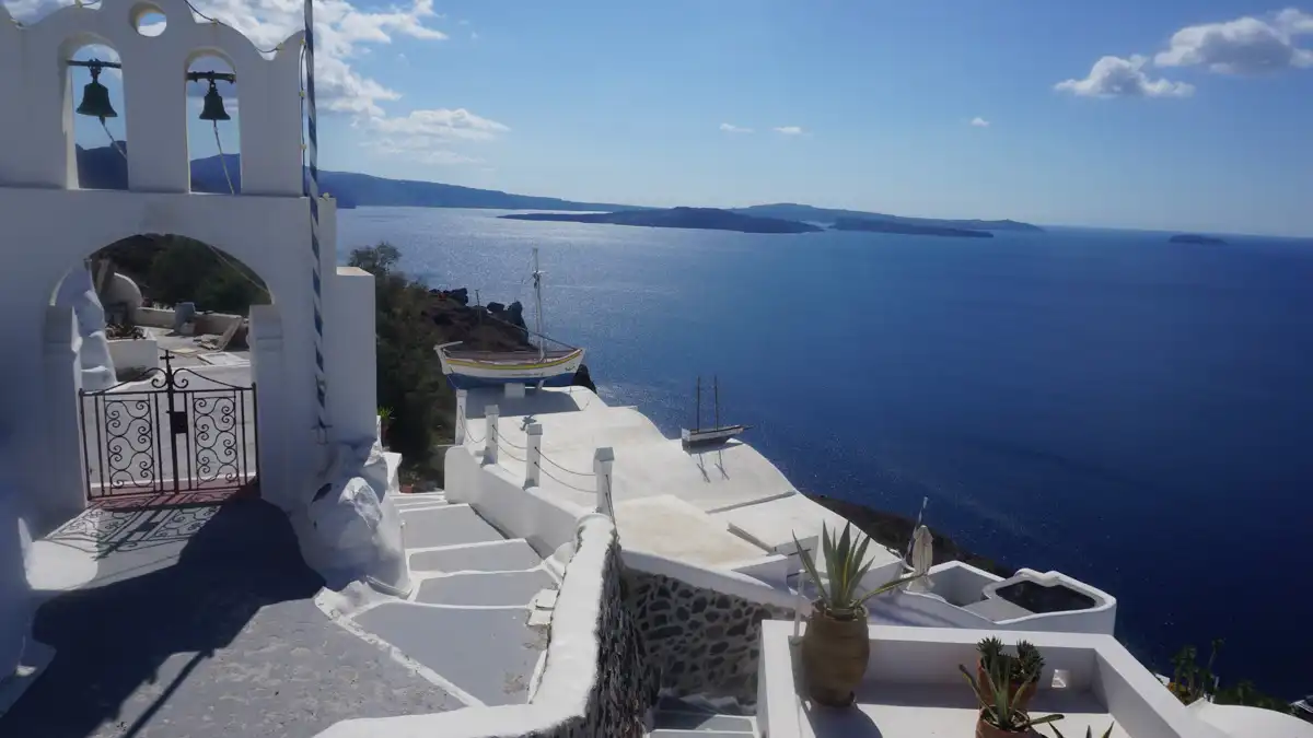 view of Fira from an alley of Santorini
