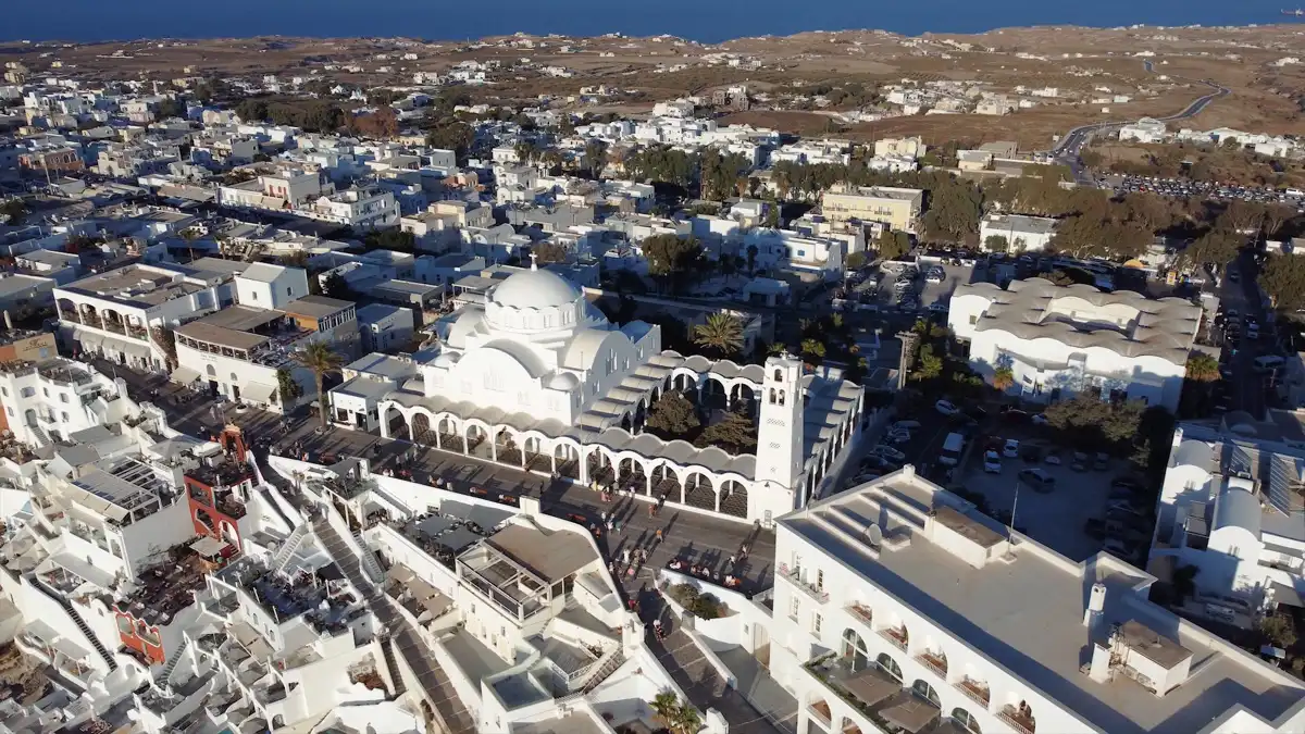 Santorini village photo from above with drone